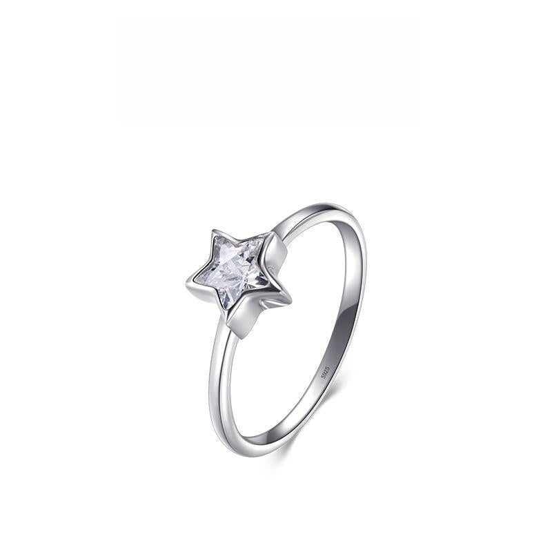 Womens Sterling Silver Ring With Star Design And Zircon Inlay Engagement Ring Jewelry Gift For Her Five Point Star