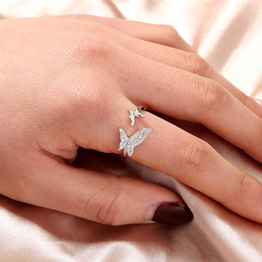Adjustable Butterfly Ring for Women Open Ended Brass Ring with Electroplated Copper and Sparkling Zircon Shine