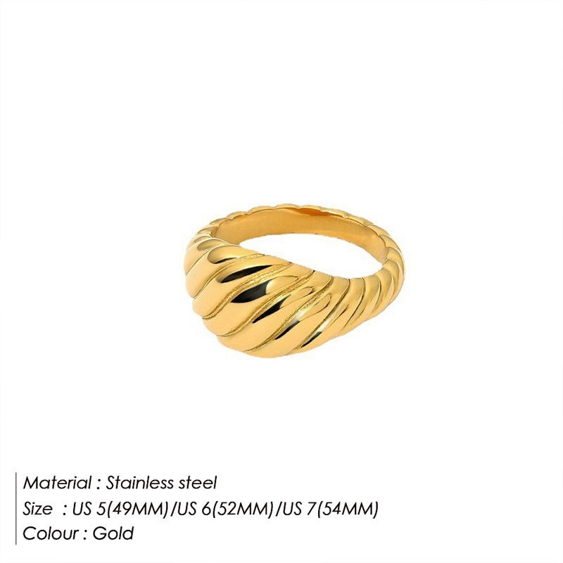 Unisex 18K Gold Plated Stainless Steel Wide Band Ring with Diagonal Texture Retro Design Durable Jewelry Style