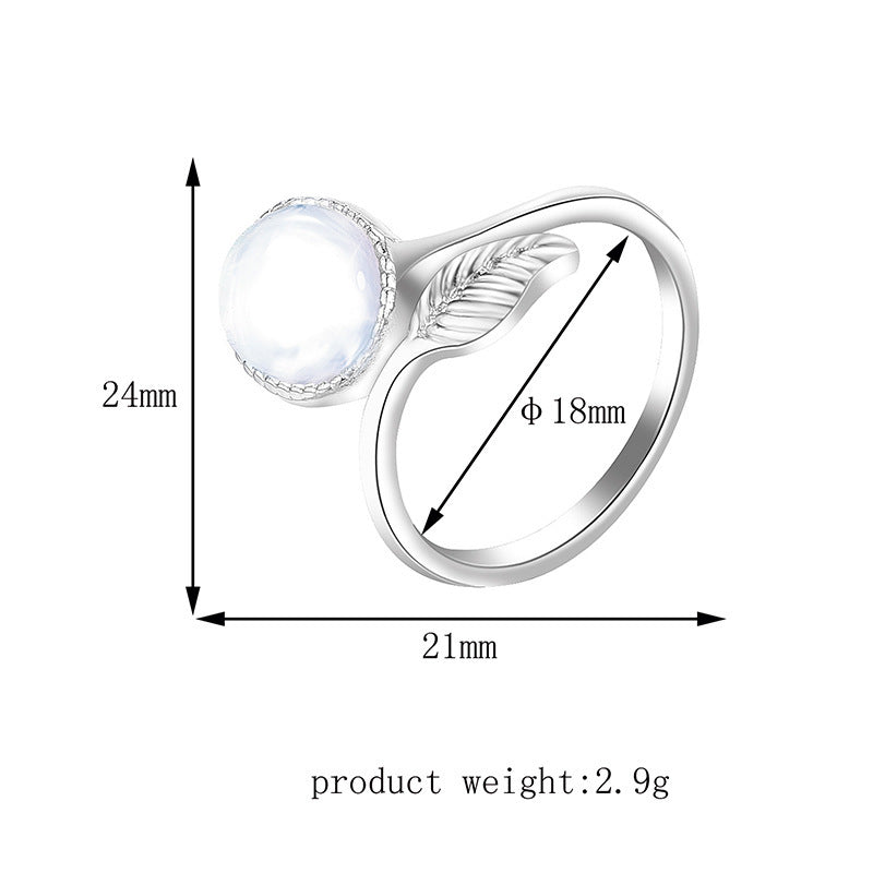Adjustable Moonstone Ring With Feathered Design Korean Geometric Alloy Electroplated Ring Fashionable Statement