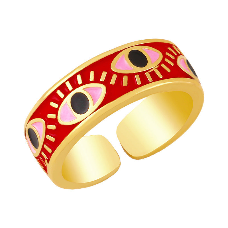 Trendy Hip Hop Gold Plated Eye Ring for Women Adjustable Copper Drip Oil Jewelry With Modern Eye Design Everyday Wear