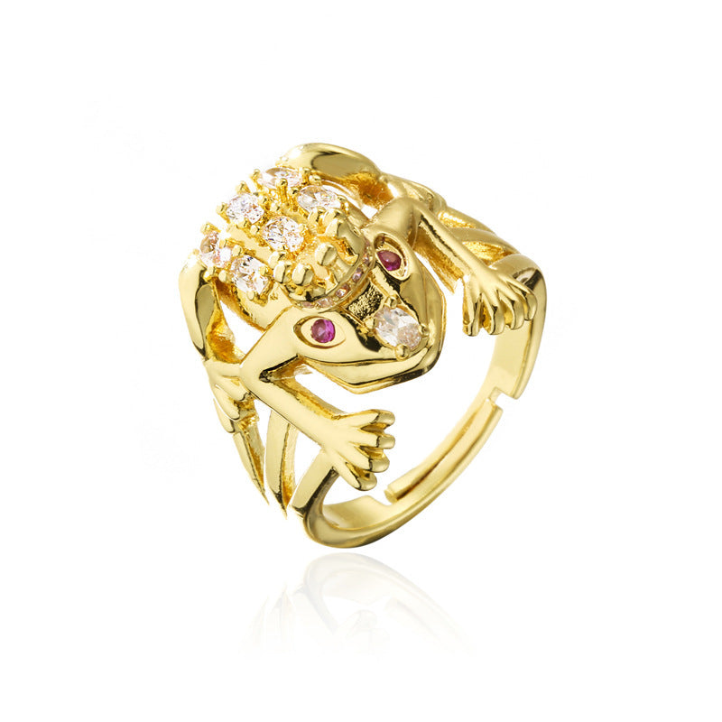 Zircon Micropaved Copper Frog Ring Geometric Adjustable Opening Womens Fashion Jewelry Gift with Copper Finish