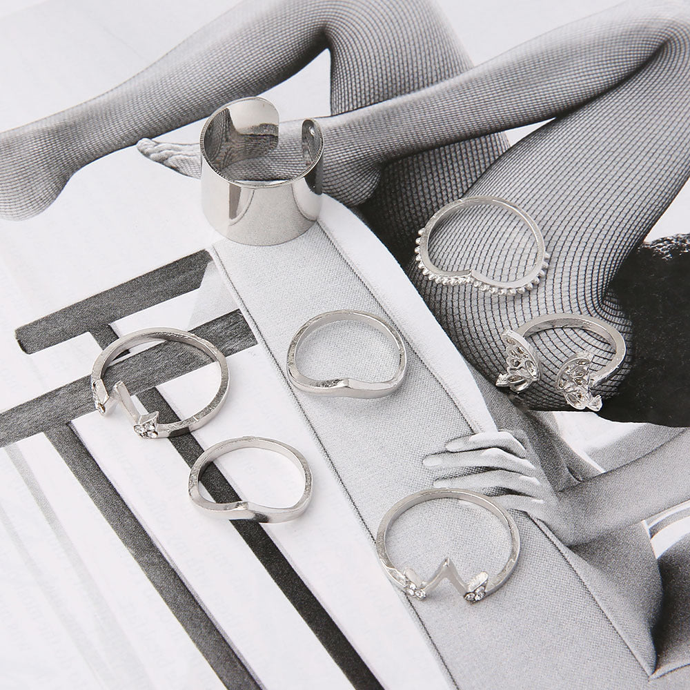 7 Piece Alloy Ring Set For Women With Butterfly Design And Diamond Inlays V Shape Fashion Jewelry Silver Tone Set