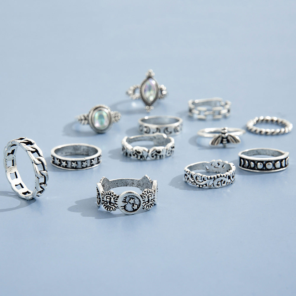 Womens Ring Set Twelve Piece Moon Embossed Lion Head Rings Alloy Metal Rings With Stars And Moon Design European Moon