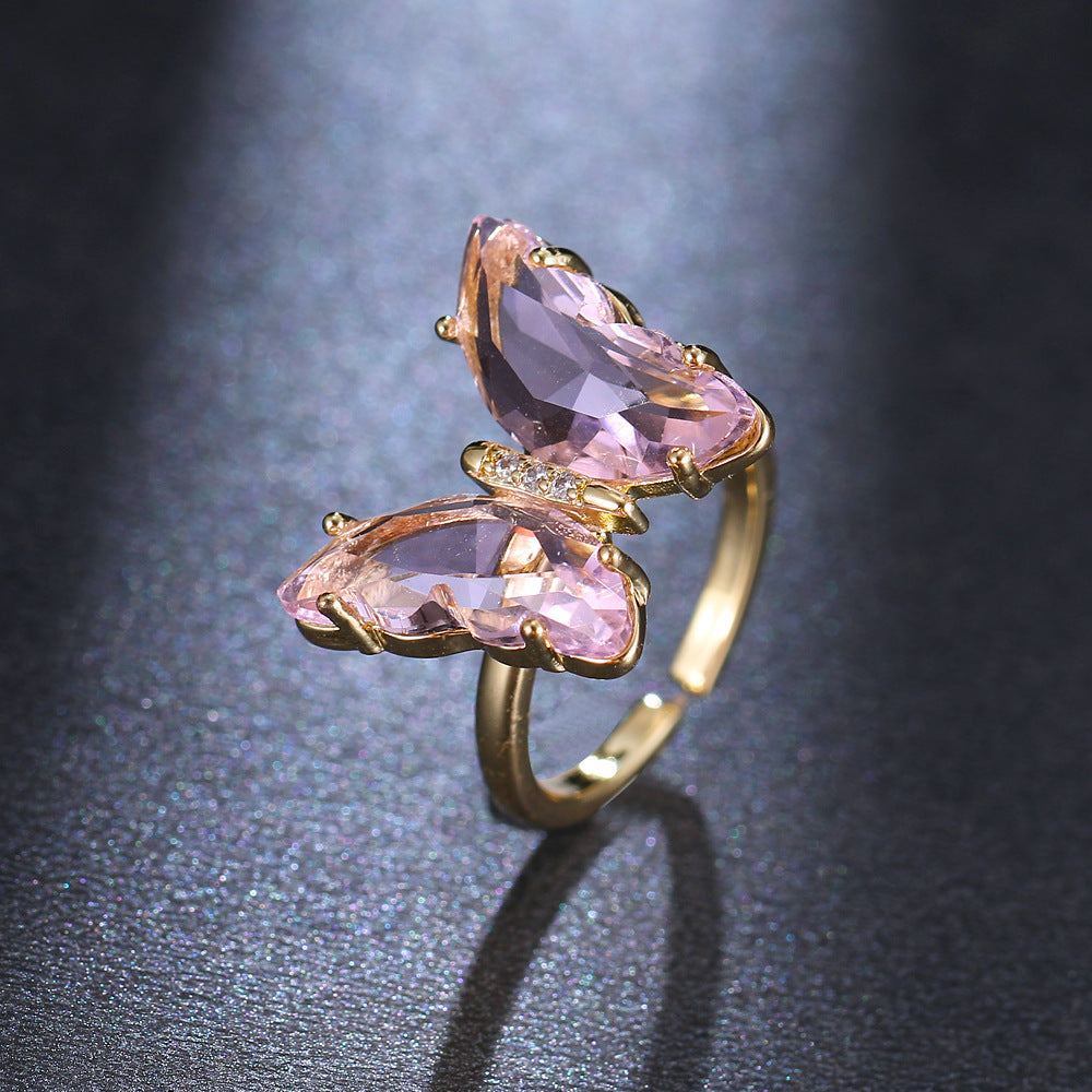 Crystal Butterfly Ring With Zircon Copper Gold Plated Finish For Women Wedding Gift Exquisite Jewelry For Sale