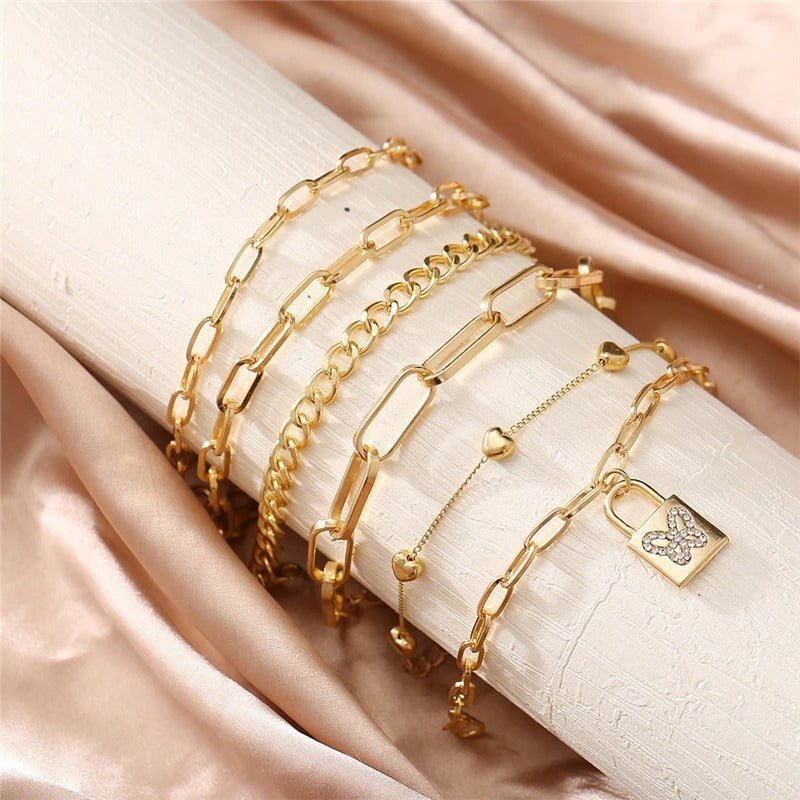Heart Chain Bracelet With Butterfly Lock Charm Plated Geometric Design European Jewelry Artificial Gems Sparkling