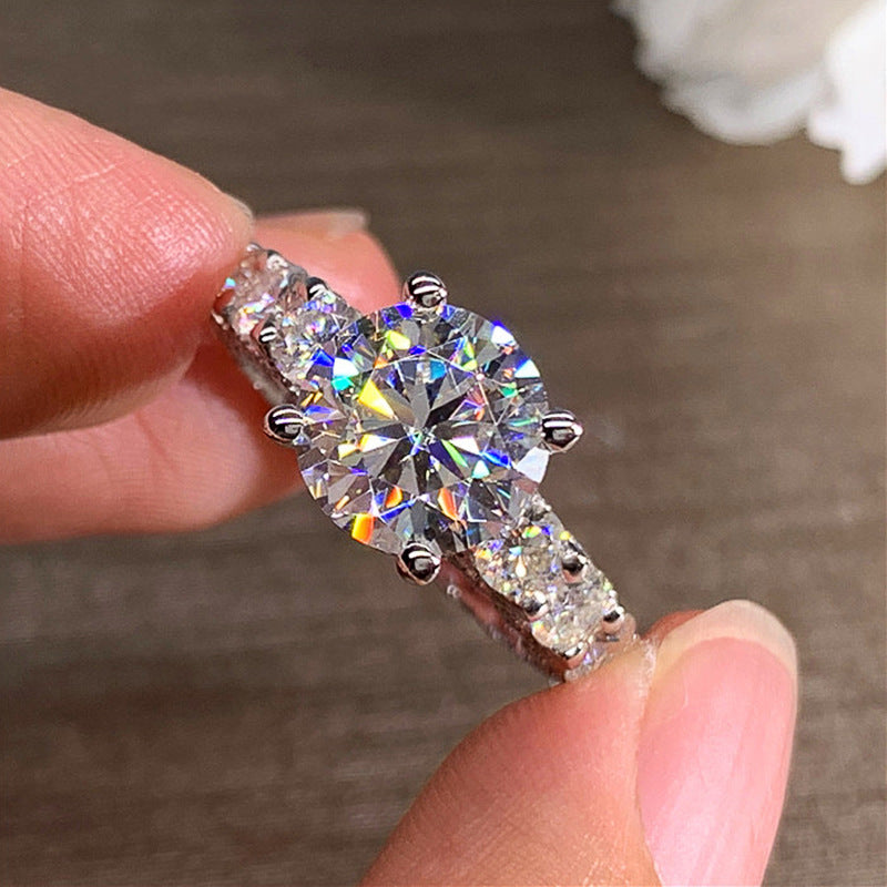 Zircon Inlaid Copper Ring White Gold Geometric Design