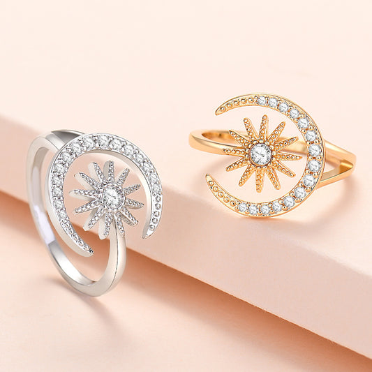 Adjustable Sun Moon Zircon Ring Gold Plated Copper Star Ring With Gems Celestial Jewelry For Women Lovers Gift