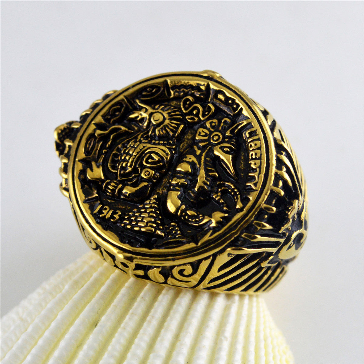 Ancient Egyptian Totem Guardian Ring Stainless Steel Unisex Heart Shaped Jewelry Gold Tone Finish Daily StyleXX