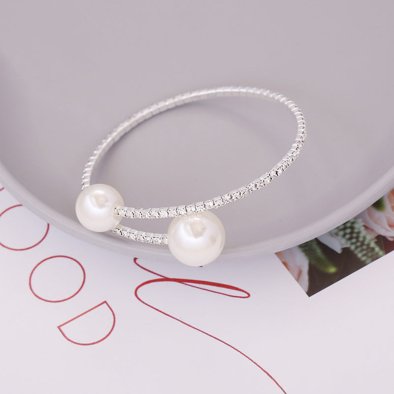 Elegant Round Bangle Bracelet For Women With Pearl Accents And Rhinestones Elastic Alloy Electroplated Gold Or Silver