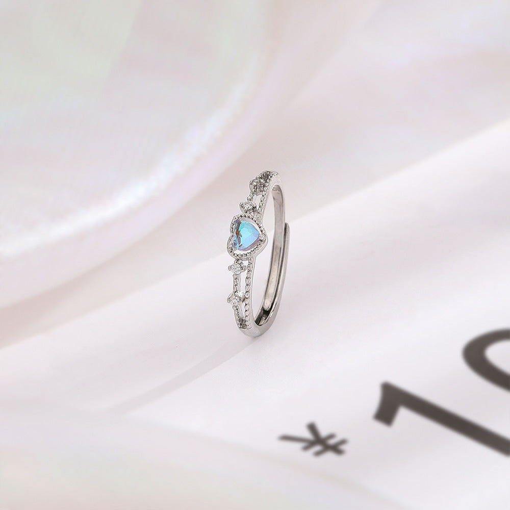 Moonstone Heart Ring for Women Open End Adjustable Copper Ring with Zircon Inlaid Double Layer Style Elegant Design
