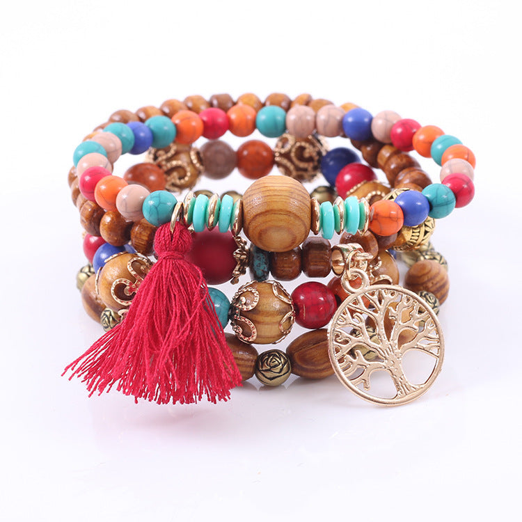 Womens Wooden Bead Bracelet Tassel Charm Rose Accent Blue