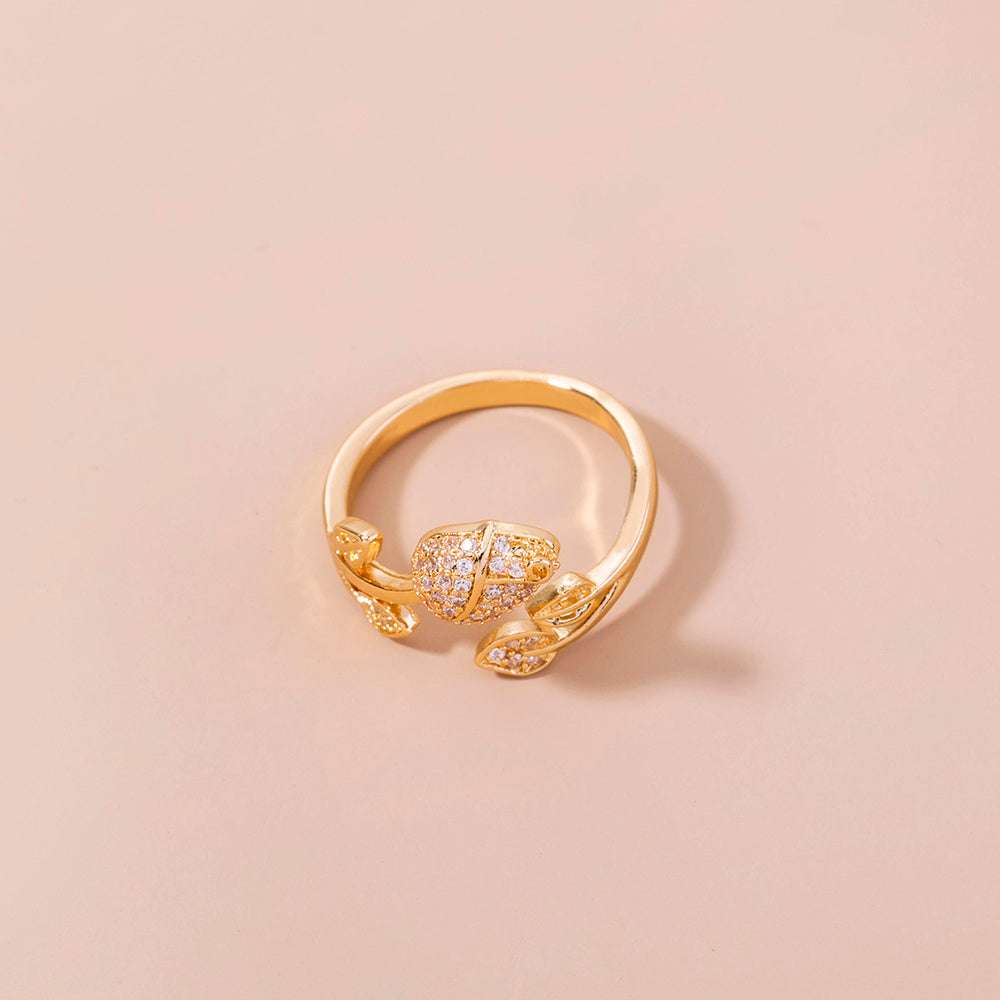 Womens Romantic Rose Ring With Zircon MicroInlaid Flower Design Adjustable Copper Electroplated Ring European