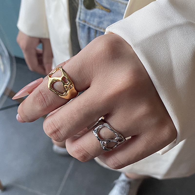 Womens Silver Plated Adjustable Open Ring Irregular Geometric Hollow Design Fashion Statement Jewelry For Everyday Wear