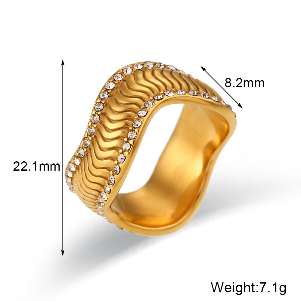 Womens Stainless Steel Ring 18K Gold Plated Wavy Twill Band With Stones Geometric Round Ring Fashion Jewelry For Women