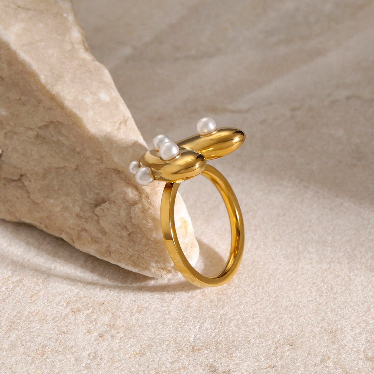18K Gold Stainless Steel Ring Internet Celebrity Same Love Sticky Plastic Pearl