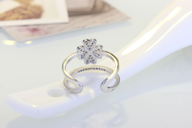 Adjustable Four Leaf Flower Diamond Ring With Inlaid Gemstone Silver Copper White Gold Plated Jewelry Gemstone