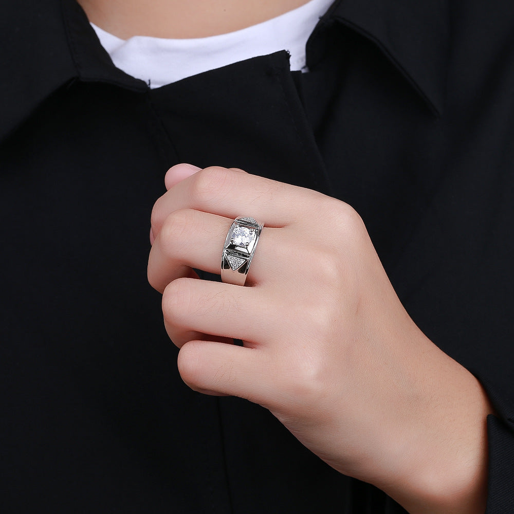 Mens Moissanite Diamond Simulation Ring Adjustable Open Four Claws Geometric Copper Electroplated Statement Jewelry