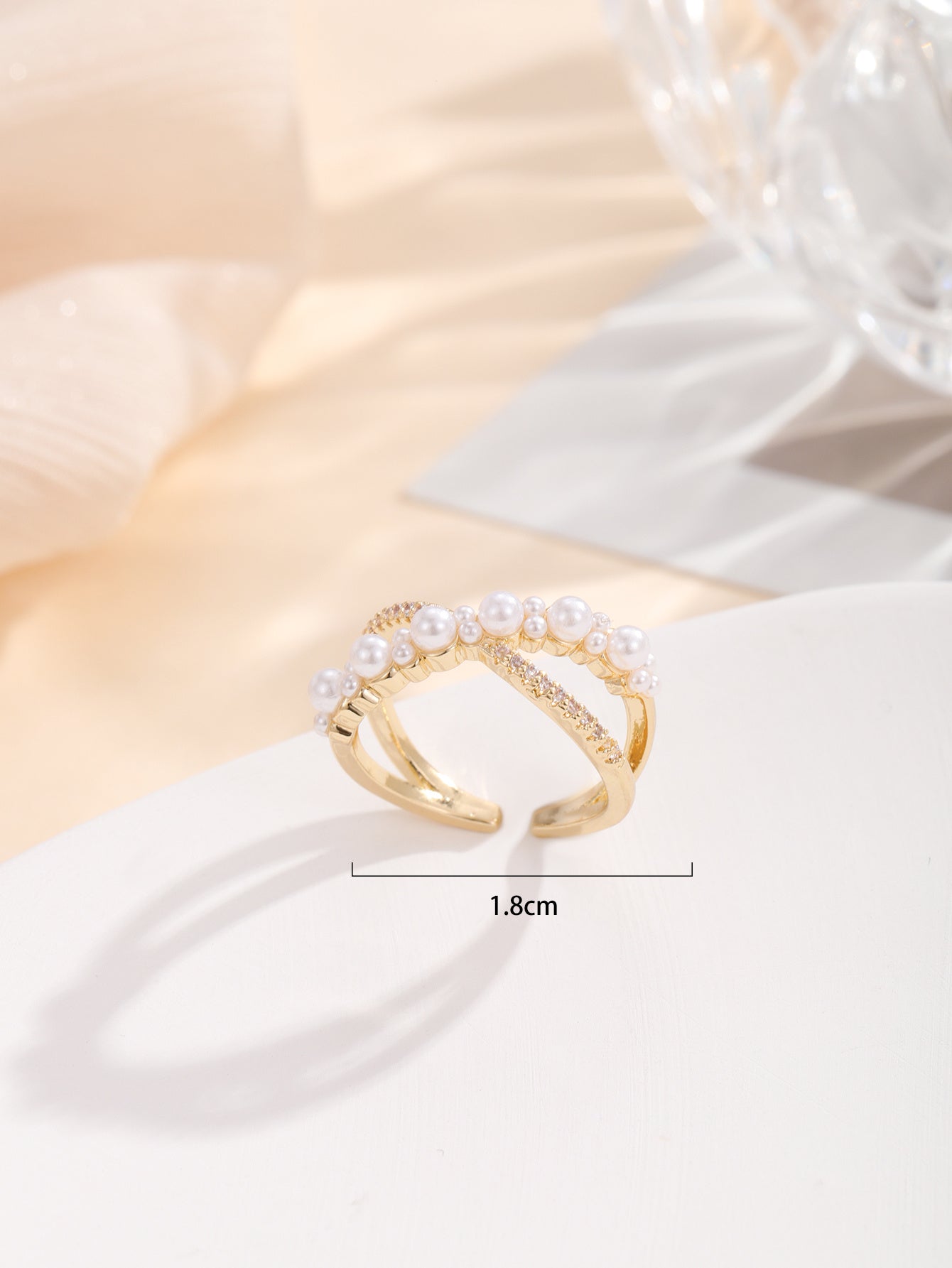 Womens Pearl Zircon Ring Geometric Copper Gold Plated