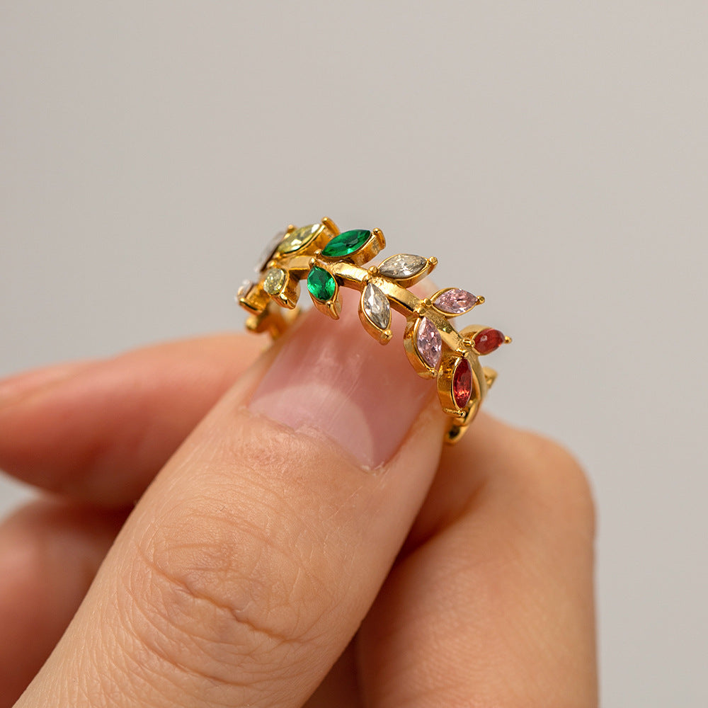 Zircon Leaf Open Ring Adjustable Stainless Steel Jewelry