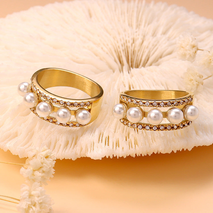 Womens Stainless Steel Ring With Pearl And Diamond Geometric Gold Ring For Her Gift Lovely Accessory For Women