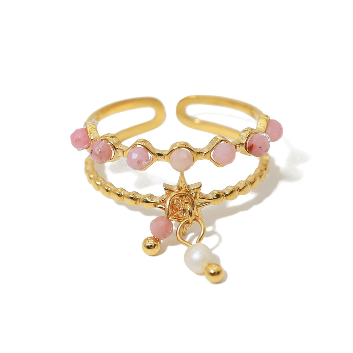 Womens Open Ring with Natural Stone and Tassel Pendant 18K Gold Plated Geometric Titanium Steel Finger Ring Girlish Vacation Jewelry for Women