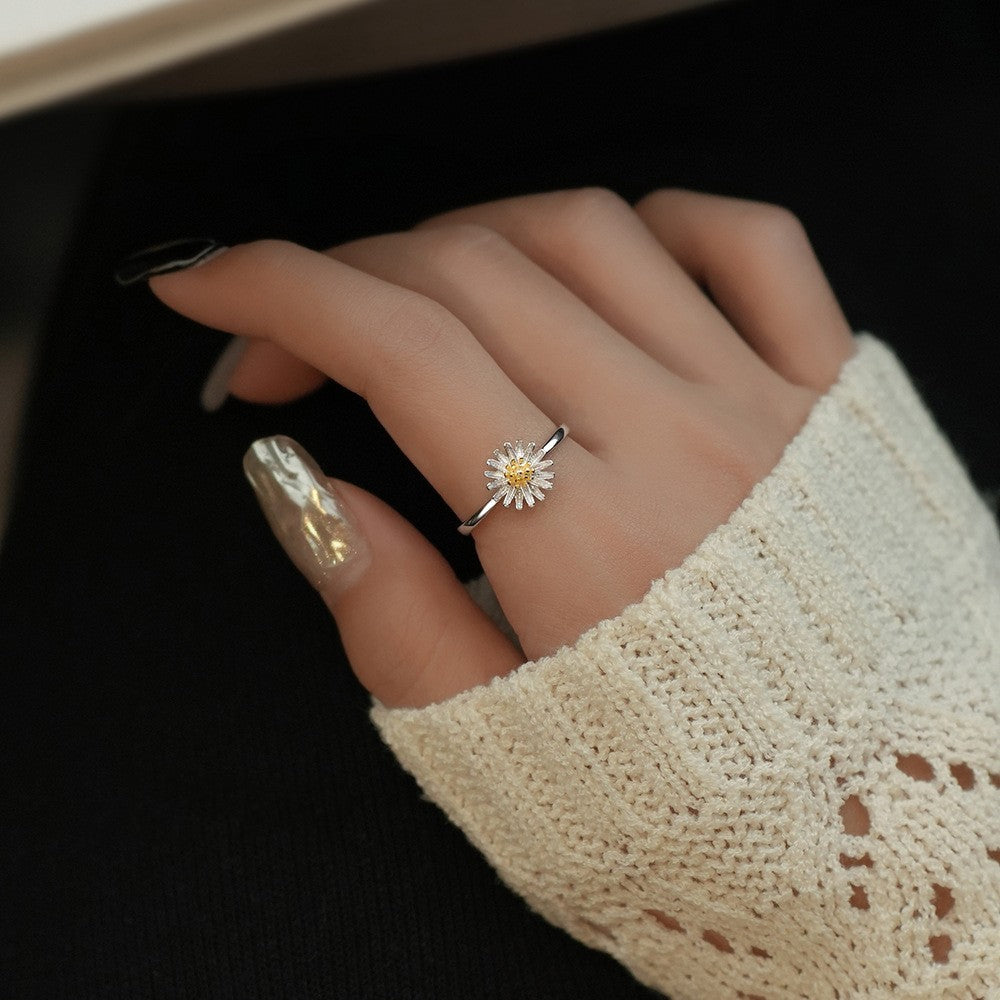 Yellow Daisy Flower Ring For Women Adjustable Silver