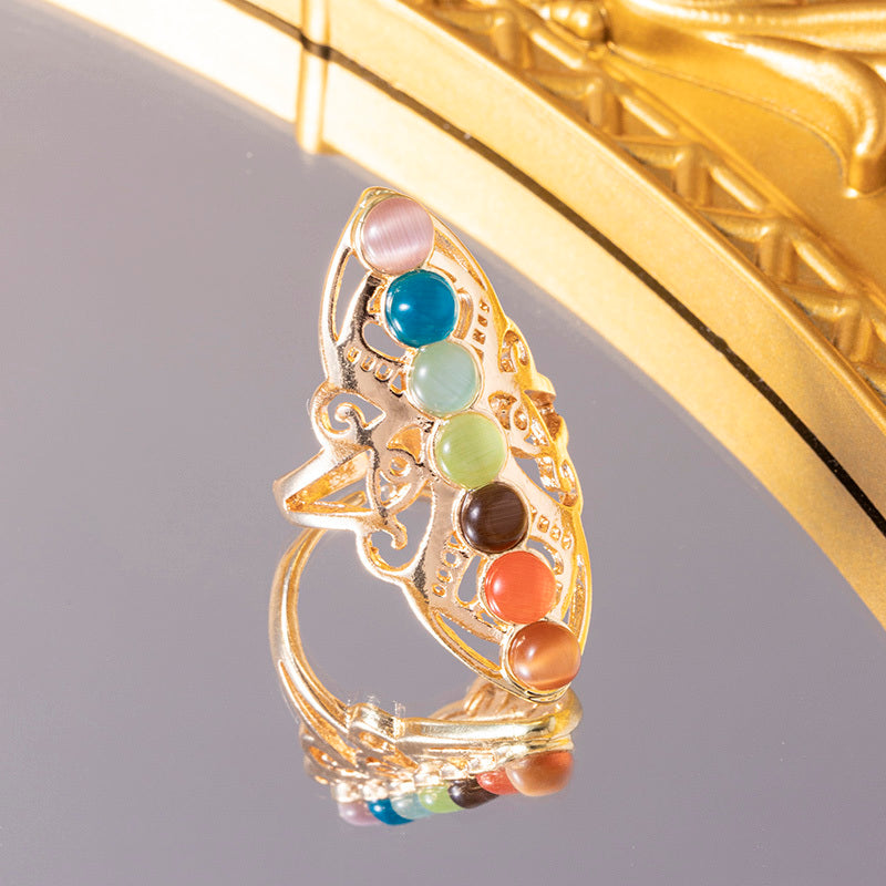 Adjustable Stone Yoga Ring Silver Butterfly Geometric Hollow Chakra Ring Vintage Fashion For Women And Men Chic