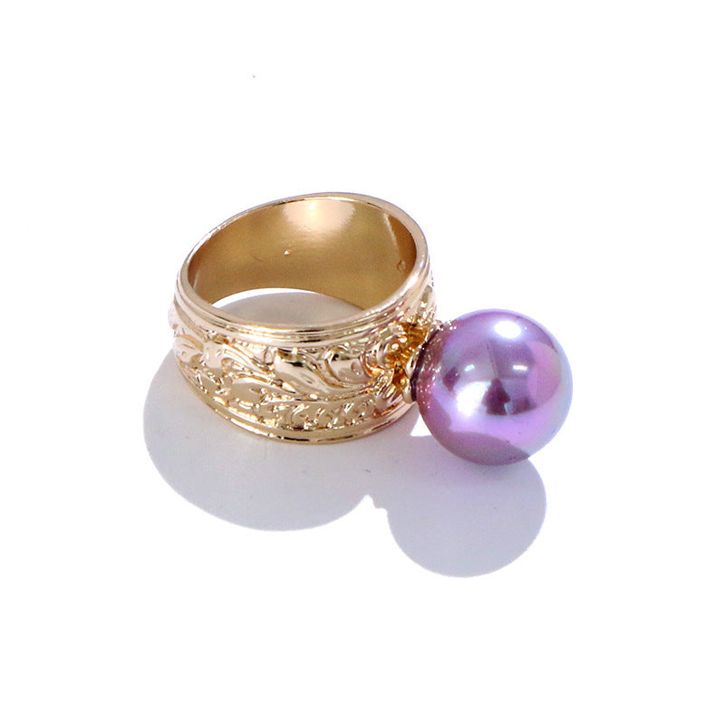 Womens Colorful Pearl Index Finger Ring Gold Plated Geometric Inlaid Gemstone Fashion Jewelry Gift Fashionable