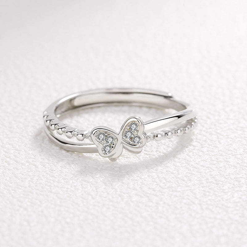 Womens 925 Silver Ring with Bow Knot Design Korean INS Adjustable Opening Diamond Ring for Women Girls Fashion Jewelry Gift