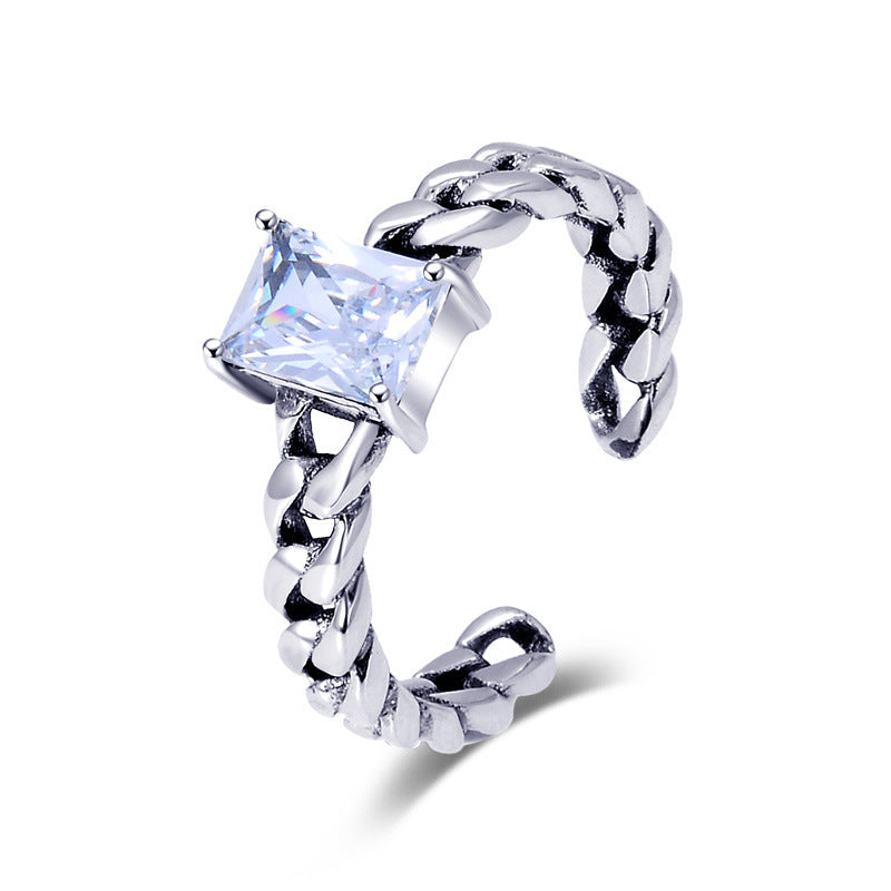 Adjustable Silver Ring For Women With Square Zircon Inlaid Retro Geometric Quadrilateral Design S925 Accessory