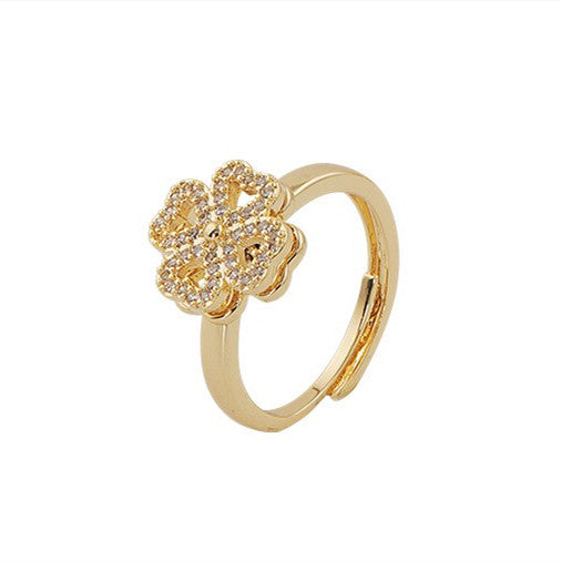 Four Leaf Clover Rotating Ring For Women Adjustable Cupronickel Alloy Inlaid Gemstone Jewelry Gift For Gifts