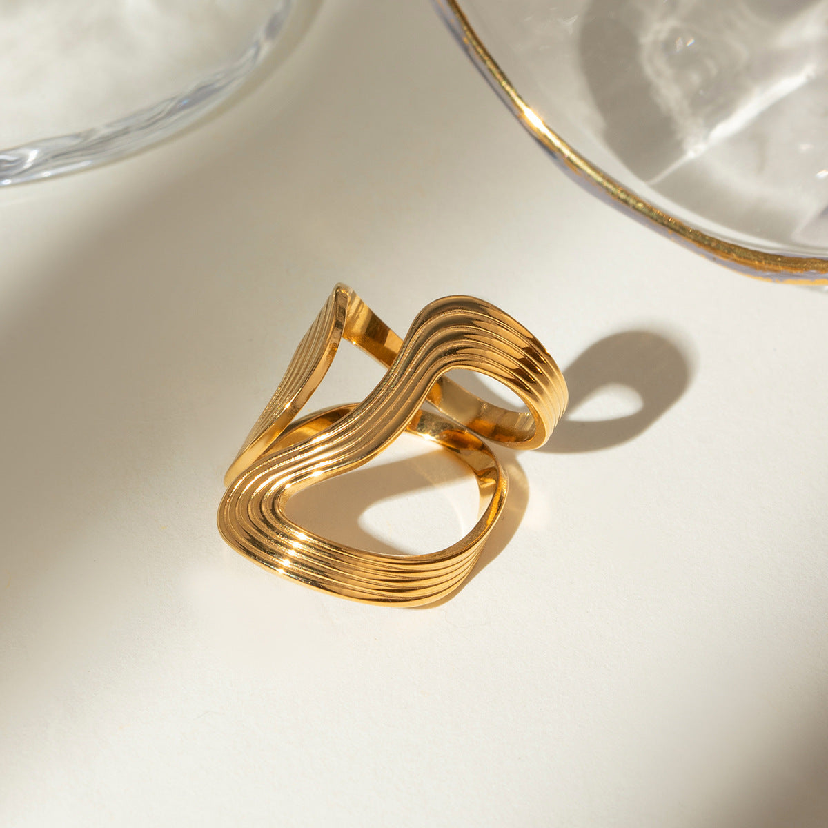 Adjustable Open Ring Stainless Steel 18K Gold Plated Antique Retro Geometric Thread Design Jewelry Unisex Ring