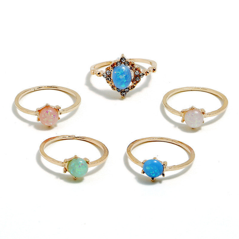 Womens Fashion Ring Set With Imitation Opal Simple Geometric Design Knuckle Rings Alloy Electroplated Finish Jewelry Set