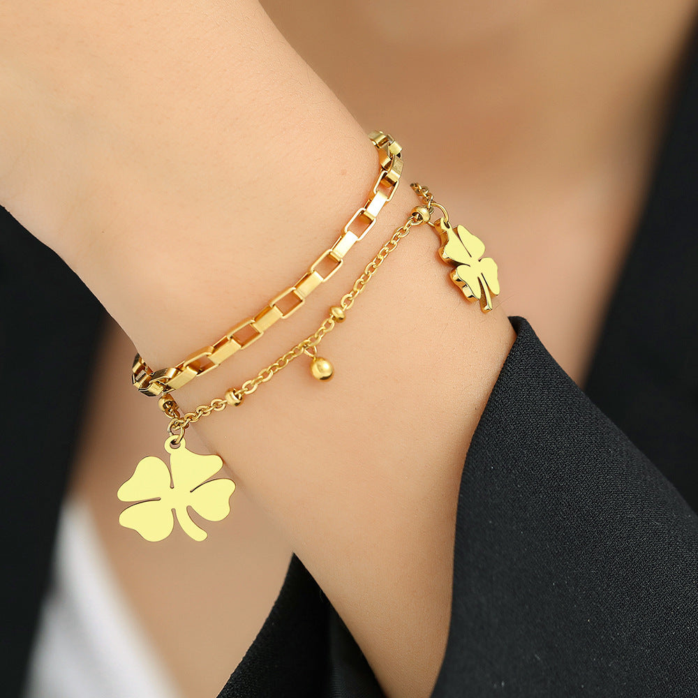 Womens Titanium Steel Bracelet With Flower And Lucky Clover Pendant Electroplated Designs Court Jewelry Elegant