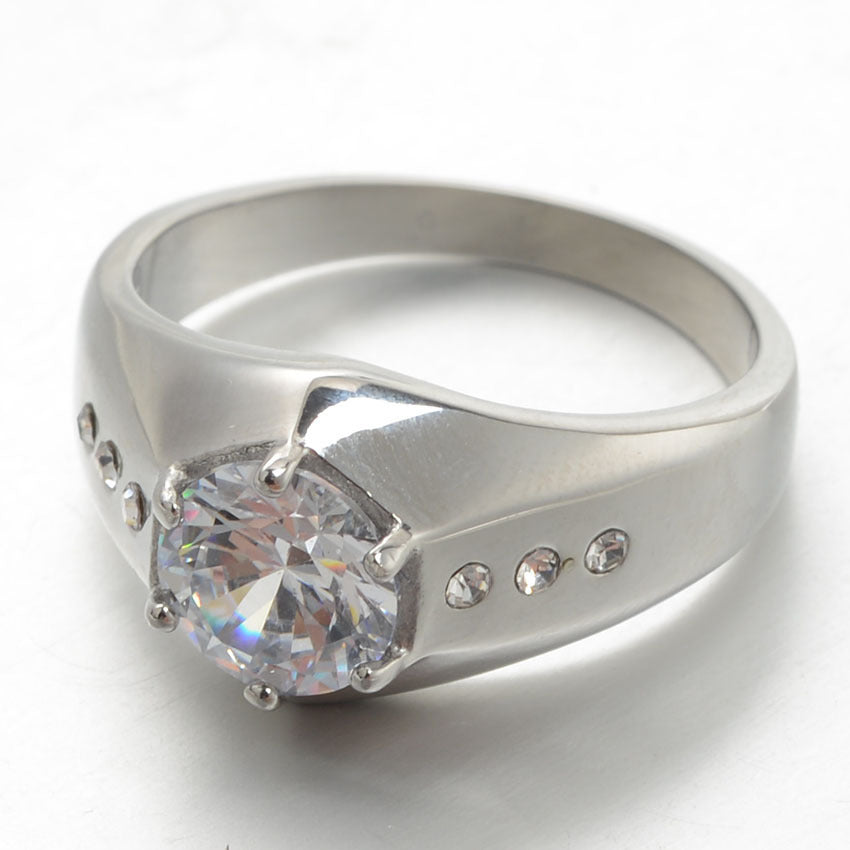 Mens Geometrical Stainless Steel Wedding Ring Gold Plated Inlaid Gemstones Polished Finish Durable Everyday Use