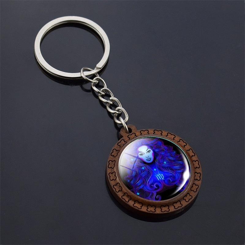 Wooden Carved Constellation Zodiac Keychain with Time Gem Pendant and Glass Accents for Purse Blue Finish Gift