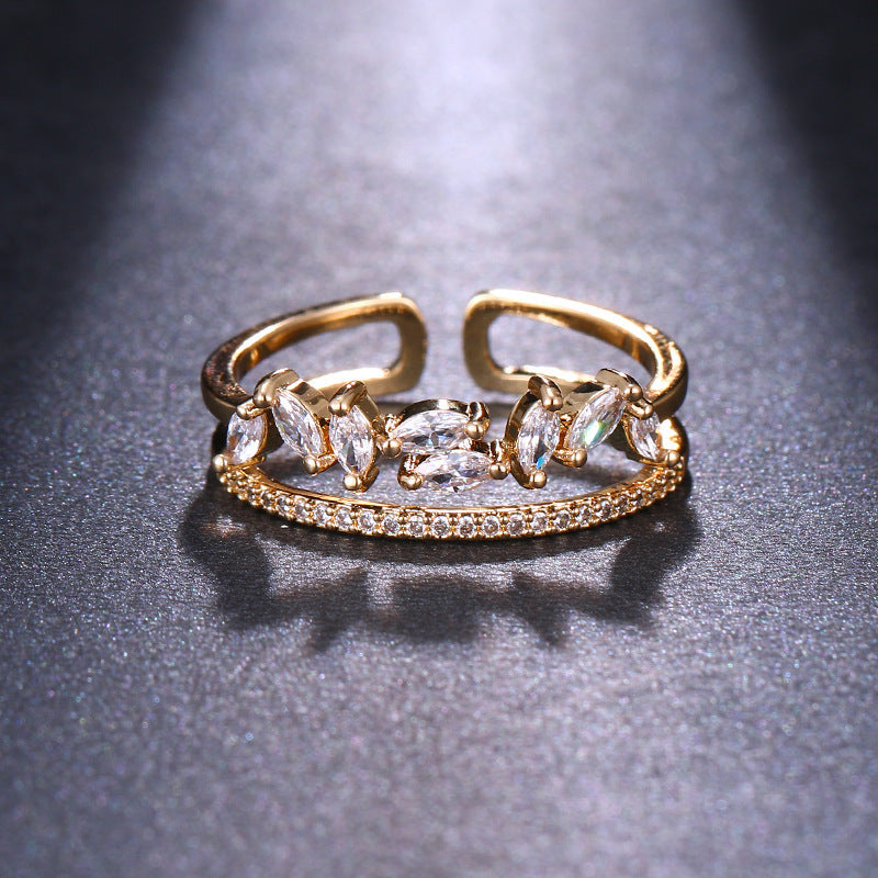 Women's Adjustable Ring Horse Eye Zircon Ring Electroplated Copper Open Ring Creative Geometric Fashion Ring Personality Messy Arrangement Ring Real Gold White