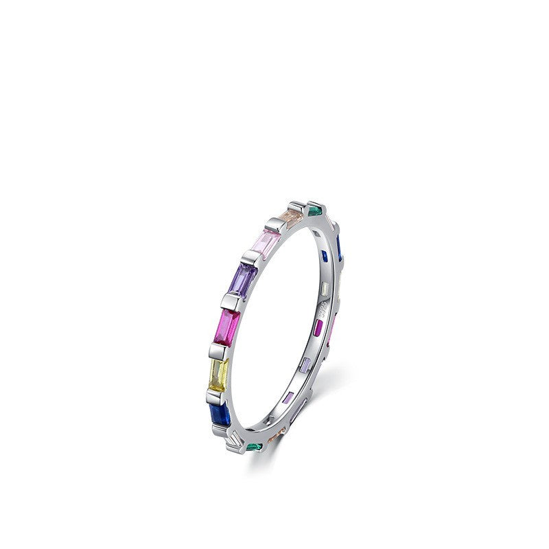 Womens Sterling Silver Ring With Geometric Zircon Rainbow Inlaid Stackable Quadrilateral Ring For Her Everyday
