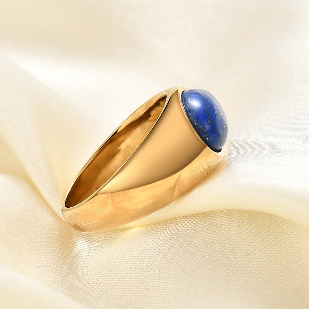 Womens Stainless Steel Mosaic Oval Natural Stone Ring Golden Green Pink Blue Accents Jewelry Elegant Statement