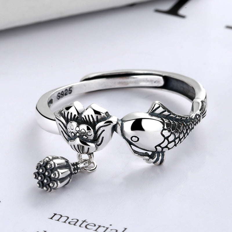 Sterling Silver Carp Ring With Lotus Tassel Adjustable Opening Band 8mm Width Jewelry Gift For Women Accessory