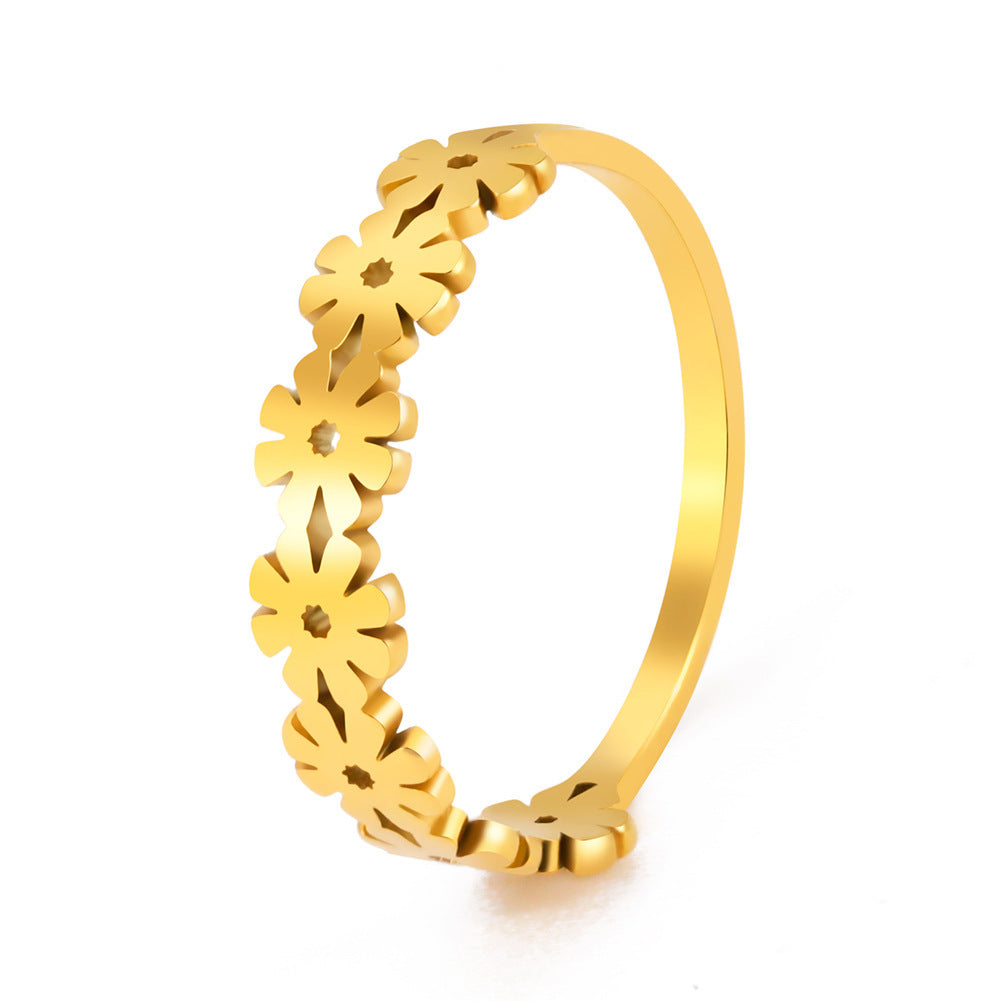 Womens Stainless Steel Ring Hollowed Seven Flowers Geometric Electroplated Fashion Jewelry Rose Gold Size 7 8 9