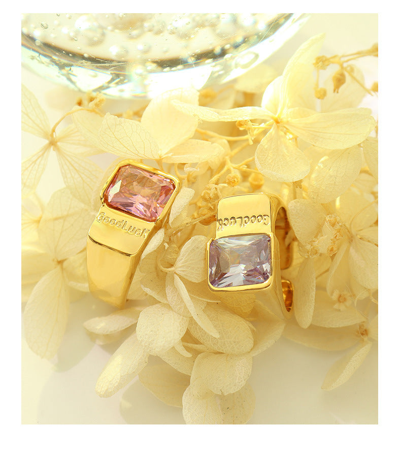 Womens Stainless Steel Zircon Inlaid Ring 18K Gold Plated Geometric Bohemian Retro Style Ring Vintage Trend Ring