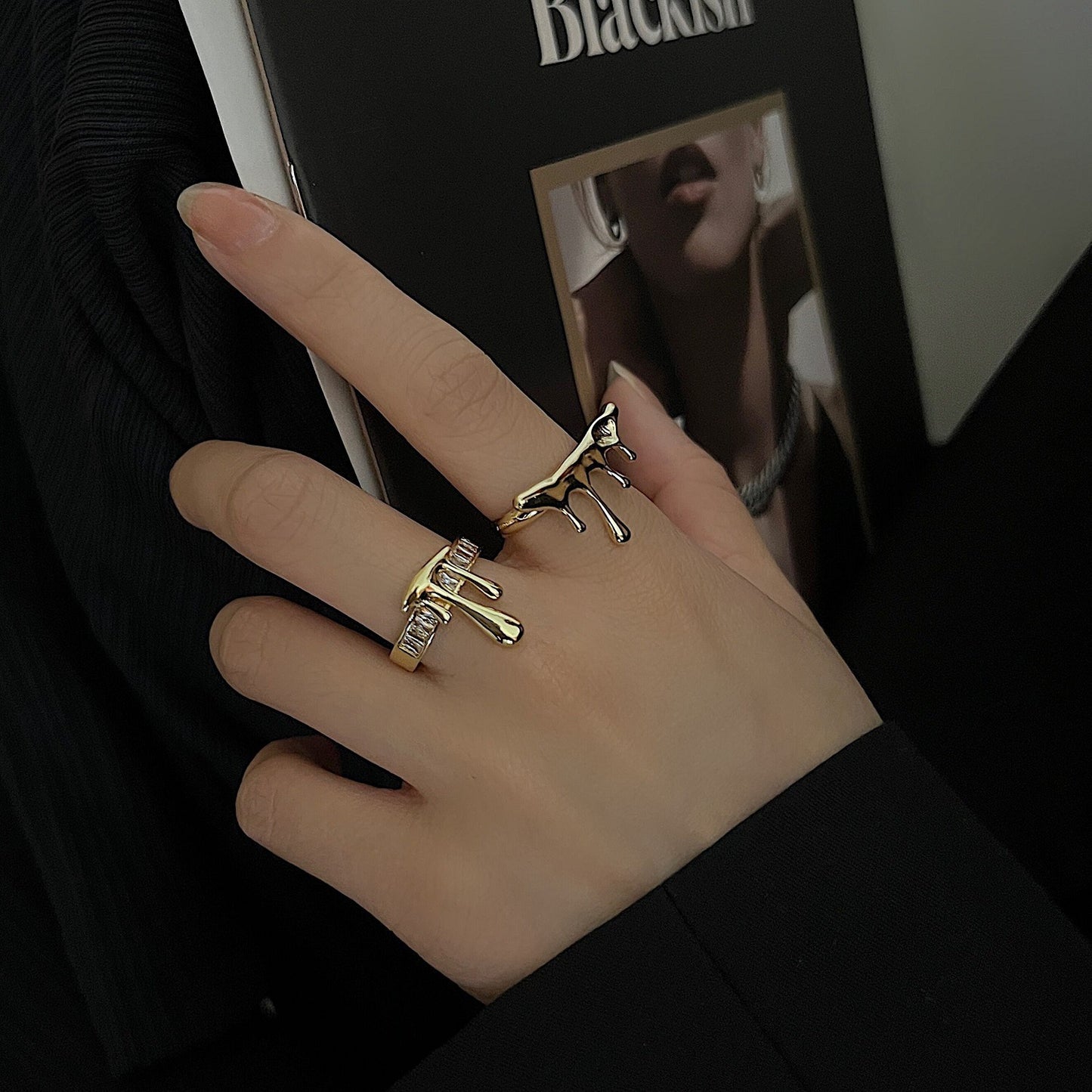 Adjustable Copper Water Drop Ring with Gemstone Inlays