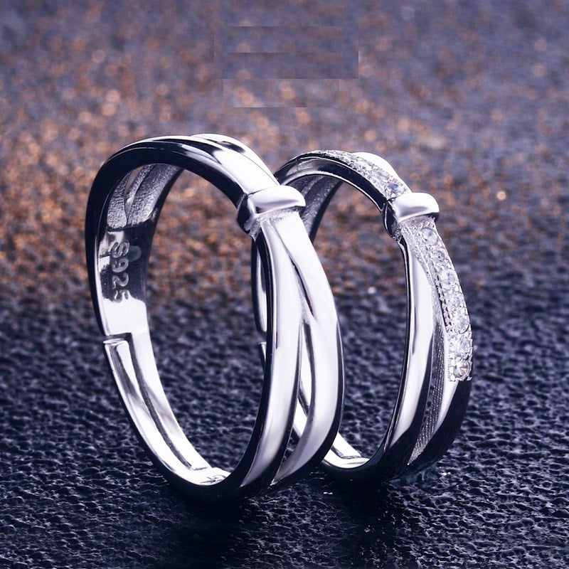 Adjustable Couple Rings Interwoven Design With Imitation Diamond Geometric Wedding Bands 925 Silver Open Style