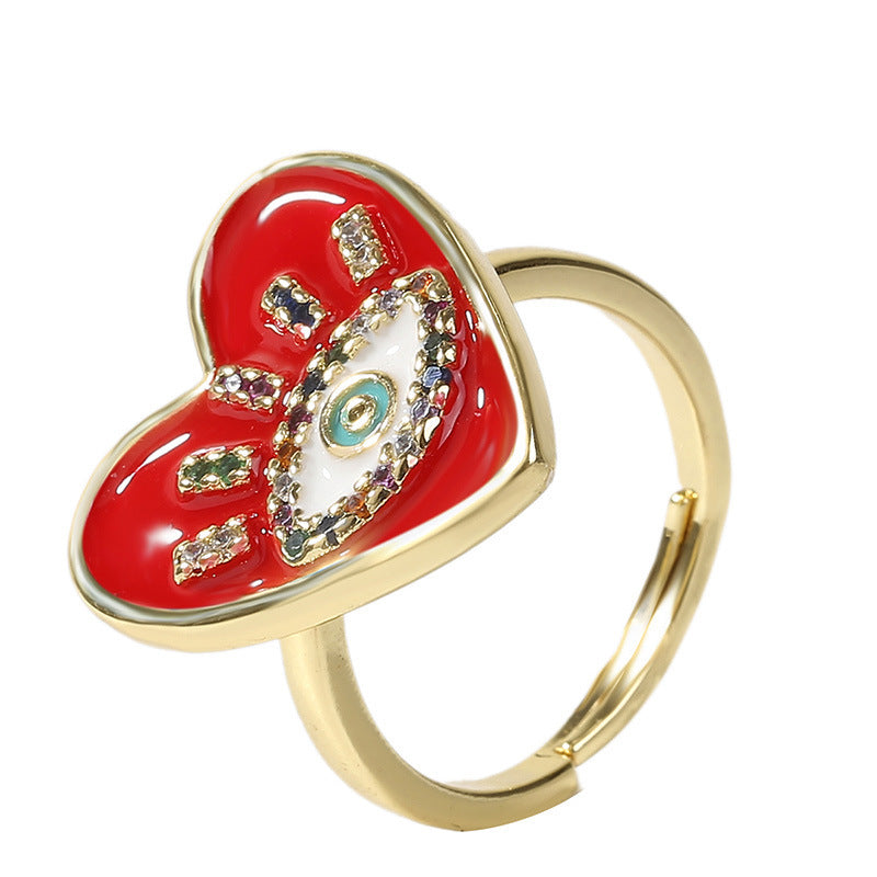 Adjustable Copper Zircon Heart Bow Ring For Women Open Size In White Red Blue Black Design Bright Polish Shine