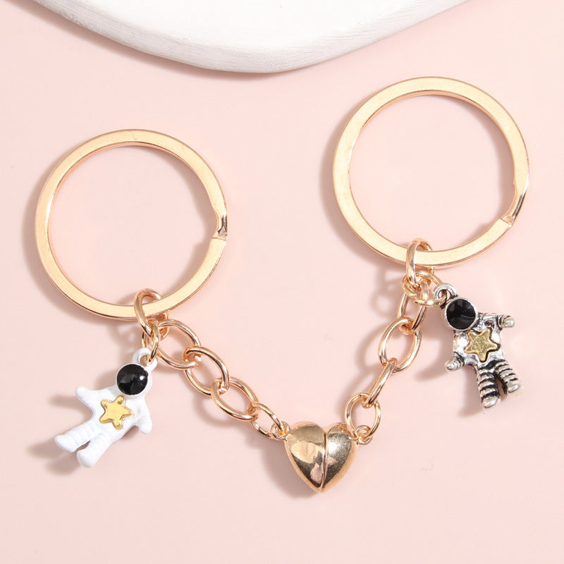 Astronaut Metal Keychain With Love Magnet Gold Color Key Ring For Women Beautiful Design High Quality Everyday
