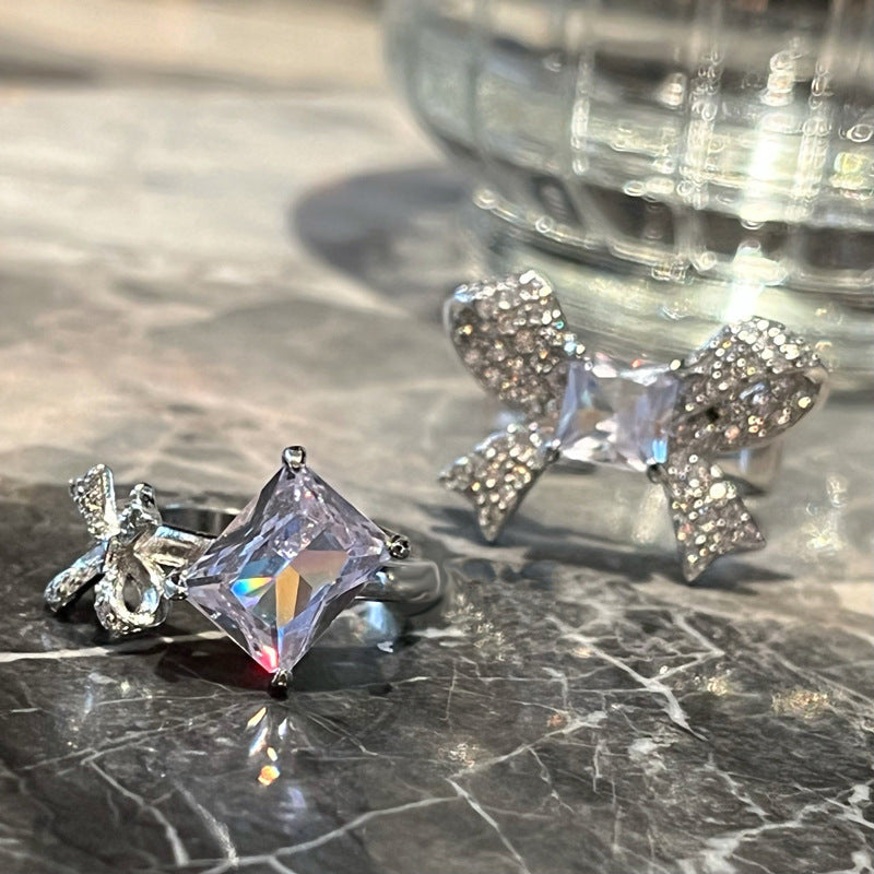 Bowknot Ring With Rhinestones Cube Sugar Copper Adjustable