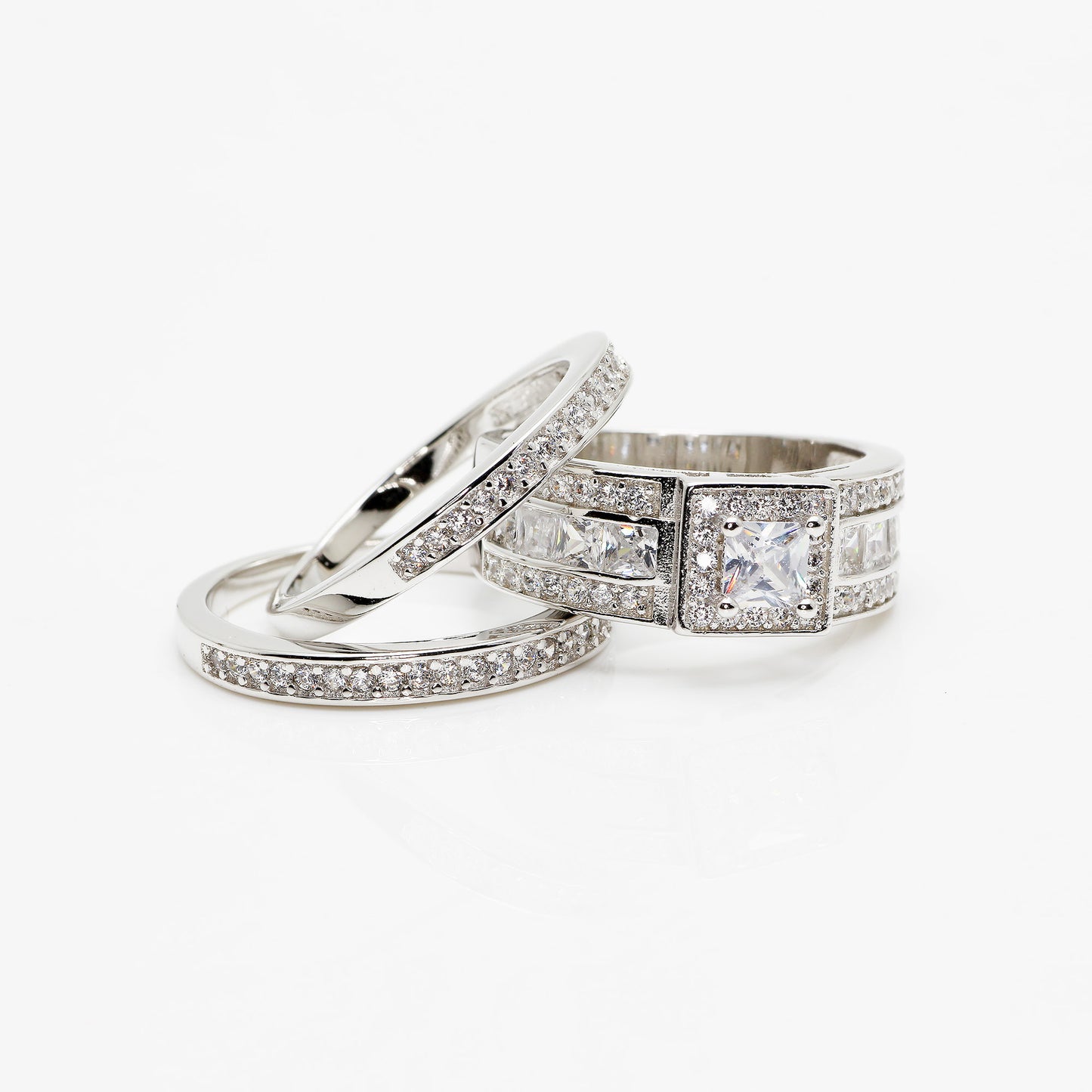 Womens Ring Set Platinum Plated Engagement Ring With Topaz Zircon Inlay Vintage Geometry Three Piece Set Shine