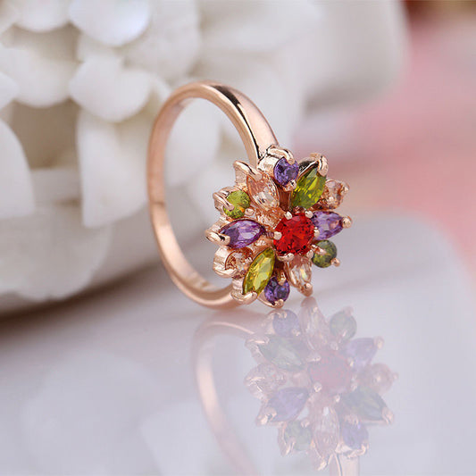 Womens Zircon Ring Colorful Austrian Crystal Dazzling Electroplated Alloy Rose Gold Tone Elegant Party Wedding Jewelry